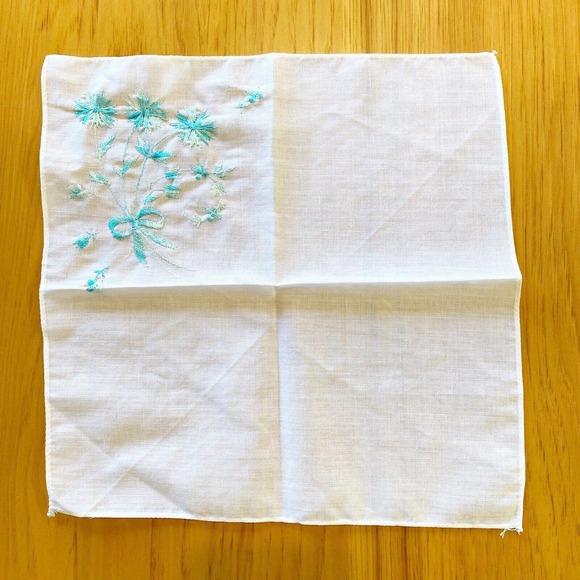 Vintage Handkerchief Hanky Embroidered Variegated Blue Flowers Bow Cotton 10" - Picture 2 of 5